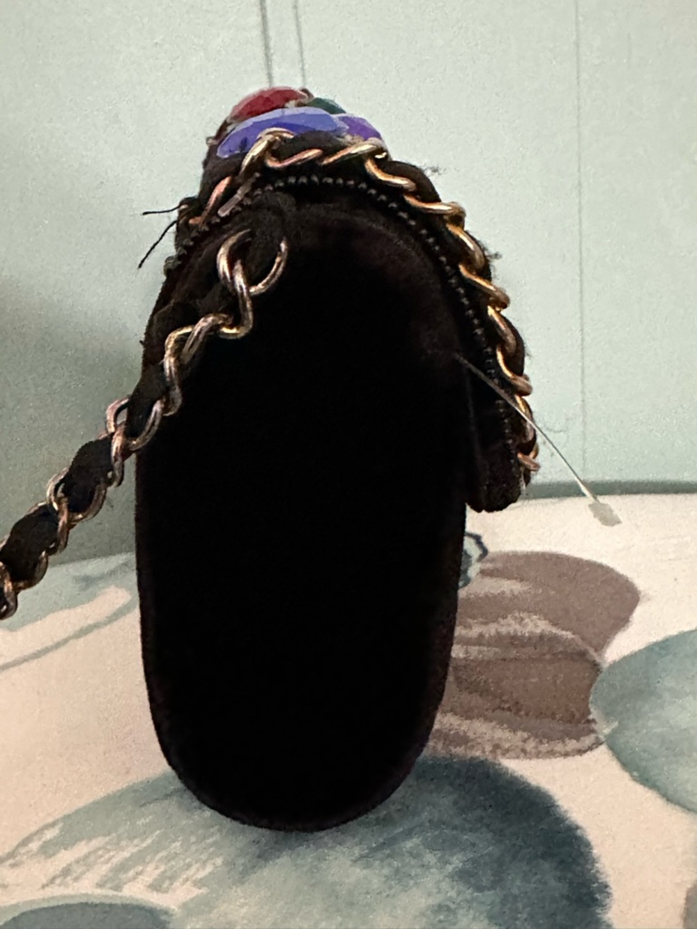 MAGID - Hand Made, Black Velvet Evening Clutch with Multicolor Gem Accents - Picture 6 of 11